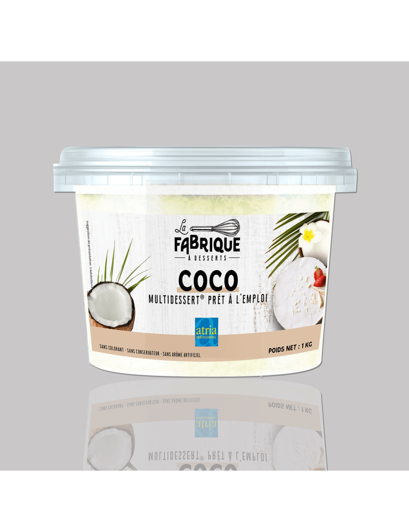 Pot de  Multidessert® Noix de Coco, garniture fraiche prête à l'emploi.
Pour des desserts qualité ''Maison''.